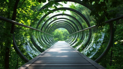 transparent pedestrian bridge shaped like DNA strand in lush forest