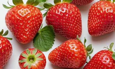 Fresh strawberries arrangement on white background showcasing their vibrant color