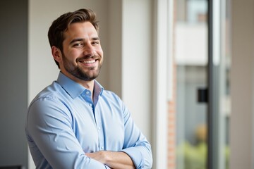 Fototapeta premium Confident Young Man with Brown Hair and Beard Smiling in a Modern Office Environment, Reflecting Professional Attitude and Approachability