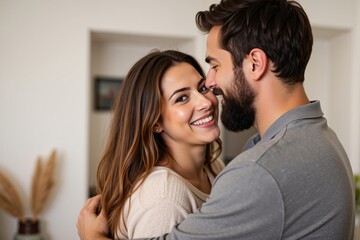 Obraz premium A Happy Young Couple Embracing and Smiling Together in a Cozy Interior Setting, Capturing Their Joyful Connection and Affectionate Bond