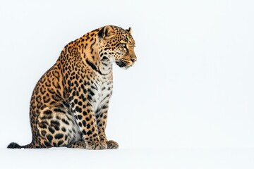 Obraz premium Leopard sitting, white background, wildlife, nature, animal portrait, zoo, conservation