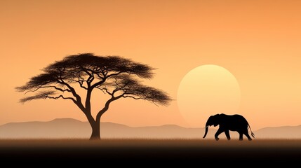 Fototapeta premium African Elephant Silhouette at Sunset Pixel Art Savanna Landscape, Generative AI.