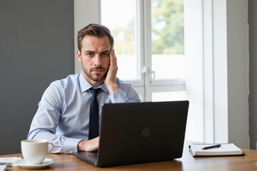 A young adult Caucasian male in a formal outfit, sitting at a desk with a laptop, looking thoughtful and slightly stressed during work hours.