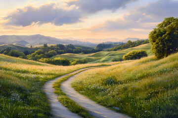Obraz premium Tranquil Countryside Pathway: An Invitation to Explore Lush Fields and Serene Horizons