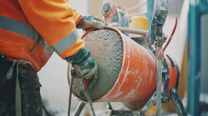 A construction worker setting up a concrete mixer at a building site. Featuring teamwork and focus
