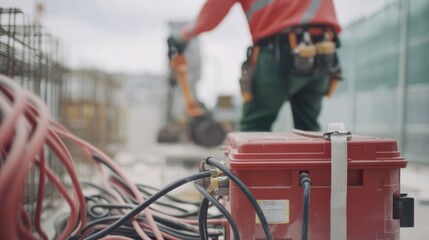 A construction worker setting up a generator on a construction site. Featuring coordination and focus