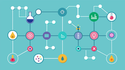 A network diagram showcasing the various pathways for electron transfer in a chemical reaction highlighting the key intermediates and products.. Vector illustration