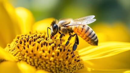 Fototapeta premium Honeybee pollinating sunflower in garden, close-up