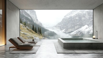Modern room with mountain view, lounge chairs, hot tub. Serene. Minimalist