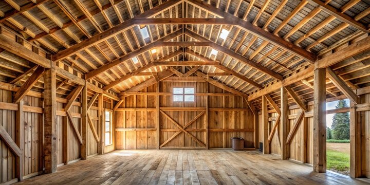 Raw wooden lambris with exposed beams in a rustic barn, raw wood, natural material