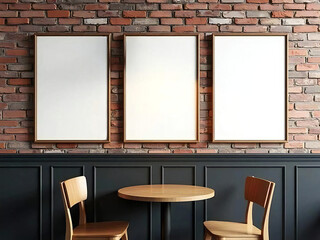 three mockup screen frames placed on the brick wall of a stylish cafe