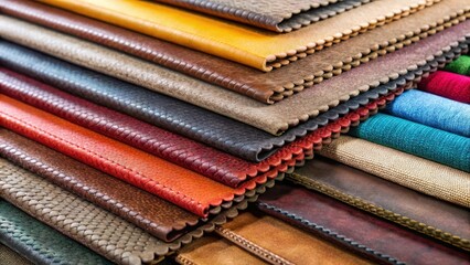 Colorful close-up samples of various upholstery fabrics in leather and suede, showcasing different textures and patterns on furniture renovation projects , design inspiration, furniture decoration