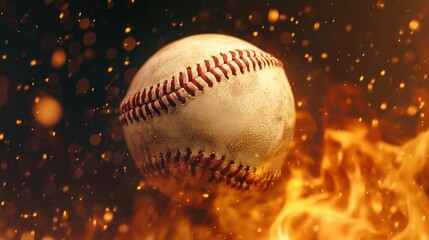 Baseball Surrounded by Flames and Sparks with Dramatic Lighting Effect