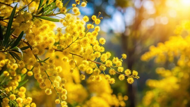 Australian Golden Wattle in full bloom with bright yellow flowers on a background, Soft sunlight filters through the trees as the golden wattle blooms , wildflowers, outdoors
