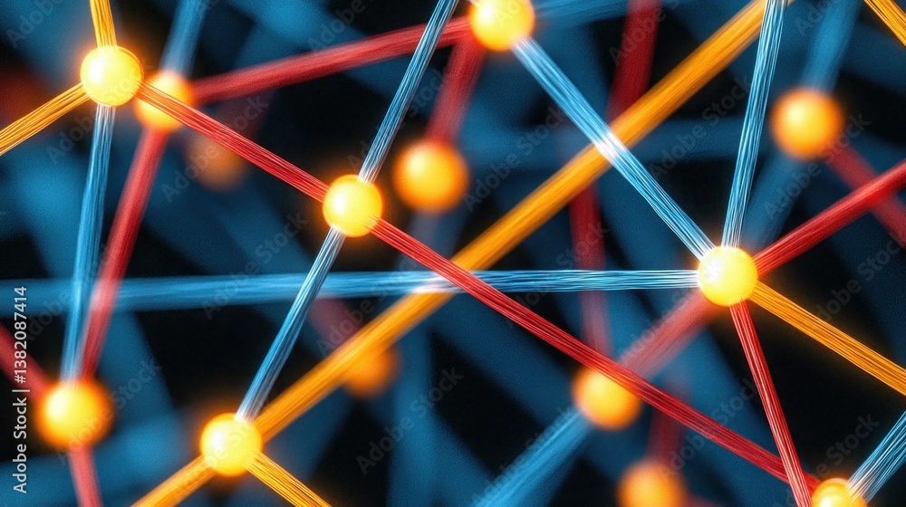 Poster molecular connections glowing spheres linked by blurred lines, a complex web-like structure