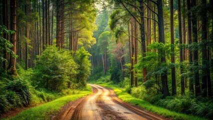 A winding dirt road in a secluded forest, surrounded by towering trees and overgrown vegetation, showcasing the isolation and natural beauty of the area, nature, forest road