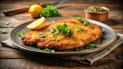 Pollo alla Milanese on a plate, crispy exterior, golden brown,  crispy exterior, golden brown