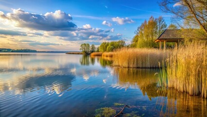 Serene lake shore at Scharm?tzelsee in Brandenburg with tall reeds and a covered sky , lake shore, serene lake
