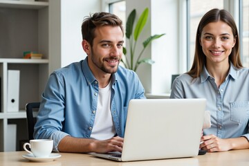 Fototapeta premium Young Caucasian Man and Woman Working Together in a Bright, Modern Office Environment with Laptop and Coffee, Collaborating and Engaging in Productive Dialogue