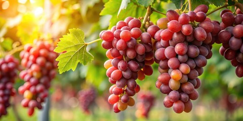 A bunch of ripe red grapes hanging on a vine, with some leaves and stems surrounding them in the background