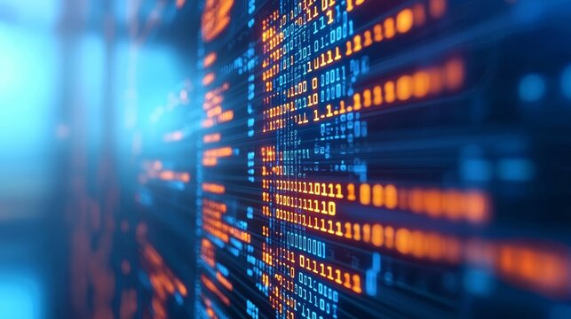 Decoding the digital realm, binary numbers illuminate the computer screen in a closeup view