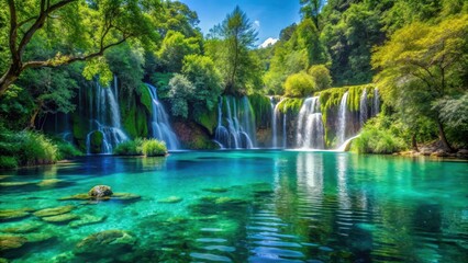 Obraz premium Serene turquoise lake surrounded by dense lush greenery and a majestic waterfall cascading down into crystal clear waters, outdoor photography, greenery