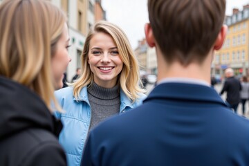 Obraz premium Smiling Young Adult Woman Engaging with Friends on a City Street – Outdoor Social Interaction in Urban Environment