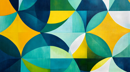 Fototapeta premium geometric design with interlocking circles and triangles in shades of blue, green, and yellow, creating a lively, playful effect 