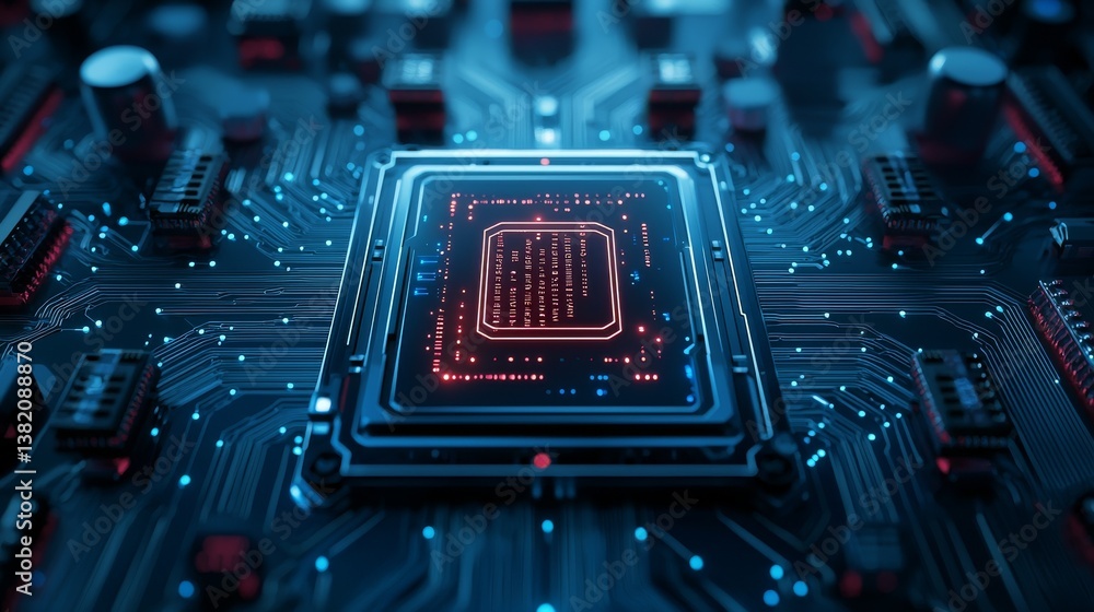 Poster closeup view of a complex computer chip, exploring the intricacies of modern technology