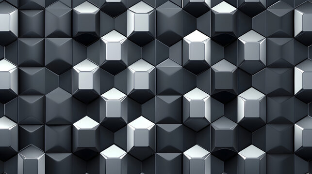 geometric pattern of 3D cubes and hexagons in metallic silver and dark gray, offering a sleek and innovative design 