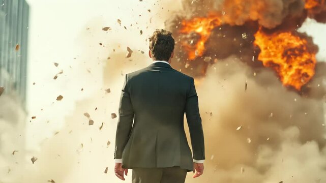 Defiant against chaos: A man in a suit stands tall, facing away from a massive explosion, symbolizing resilience and unwavering determination in the face of overwhelming odds.