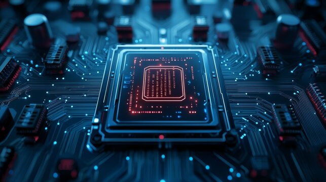 Closeup view of a complex computer chip, exploring the intricacies of modern technology