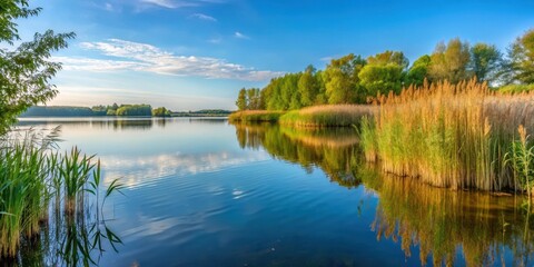 Serene lake shore with dense reed vegetation at Ruhiges Seeufer am Scharm?tzelsee in Brandenburg, lake shore, Brandenburg landscape