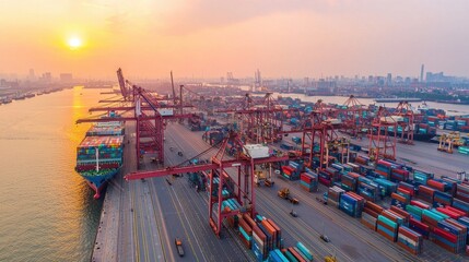 Aerial View of Busy Shipping Port During Golden Hour Sunset