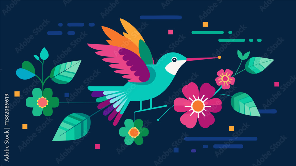 Poster a hummingbird darting from one digital flower to another showcasing the lightningfast pace of highsp
