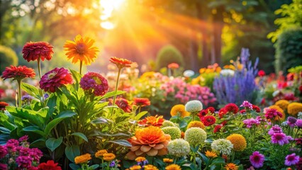 Fototapeta premium Vibrant colorful flowers arranged in a beautifully designed bed, radiating warmth and energy as morning sunlight illuminates them, beautiful flower arrangement, garden beauty