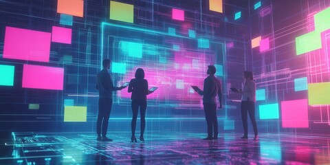 A remote team collaborates on a virtual whiteboard, with floating sticky notes and bright neon colors, creating an immersive futuristic workspace.