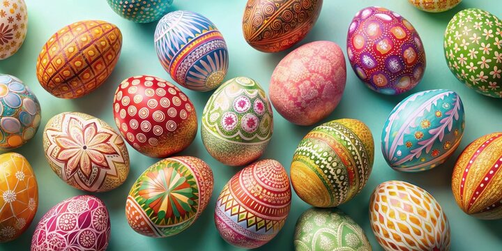 Colorful Easter eggs decorated with intricate patterns and designs on a pastel-colored background, pastel colors, eggshell design