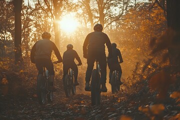 Group of people riding bicycles on a forest path with sunlight.