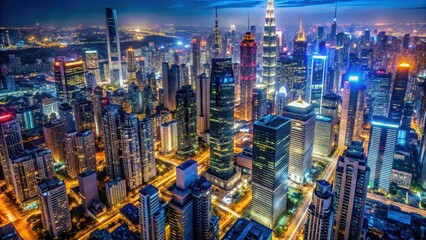 Naklejka premium Aerial view of a sprawling metropolis with towering skyscrapers and neon lights illuminating the night sky , metropolitan area, nightlife