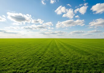 Vast Green Field Under Blue Sky with Clouds, Nature Landscape Background.