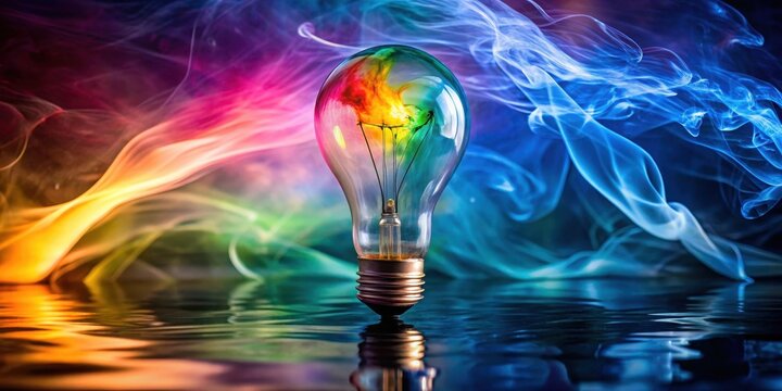 A colorful smoke emerges from a light bulb, surrounded by gentle water ripples , light bulb, water,  light bulb, water