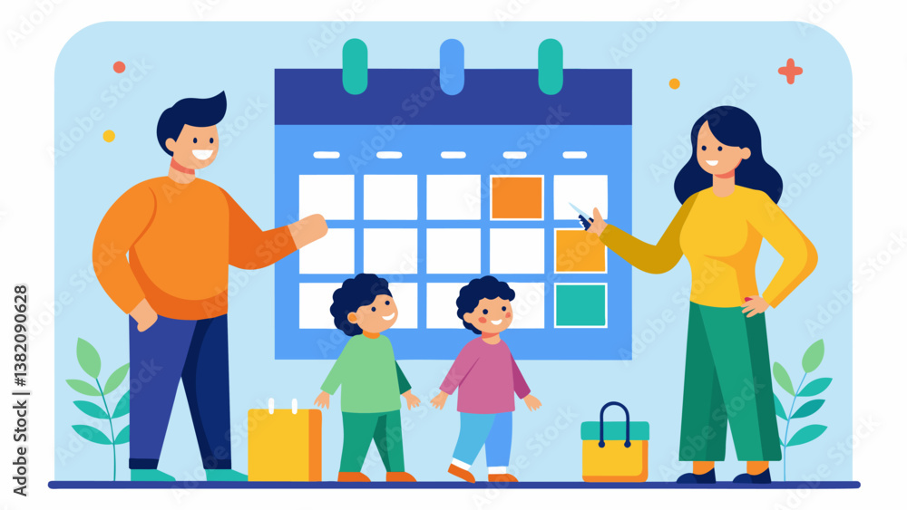 Poster a family gathered around their kitchen calendar going through each day of the month and adding their