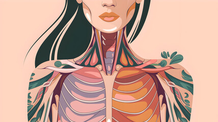 Anatomical illustration of a woman showcasing internal organs and muscles with artistic floral elements