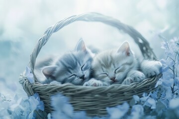 Two kittens sleep soundly in a wicker basket surrounded by blue flowers, peaceful scene for pet adoption ads