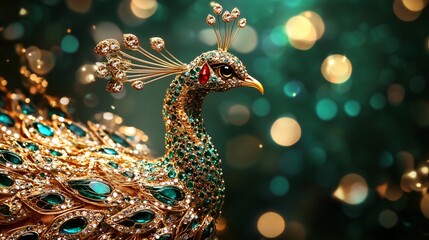 Obraz premium Jeweled Peacock Figurine on Glittering Background
