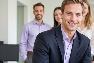 Professional Young Adult Male in Business Attire Smiling Confidently in an Office Setting Surrounded by a Diverse Group of Colleagues During a Team Meeting