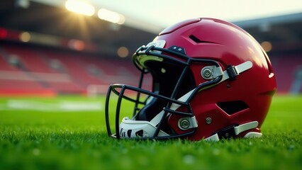 Fototapeta premium Crimson Helmet Rests on Verdant Field, Stadium Lights Gleaming in the Background