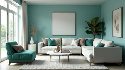Modern Sectional Sofa and Teal Accent Chair in a Serene Living Room with a Large Blank Canvas