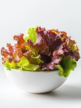 A bowl of crisp and fresh green and red coral salad lettuce isolated on a white background